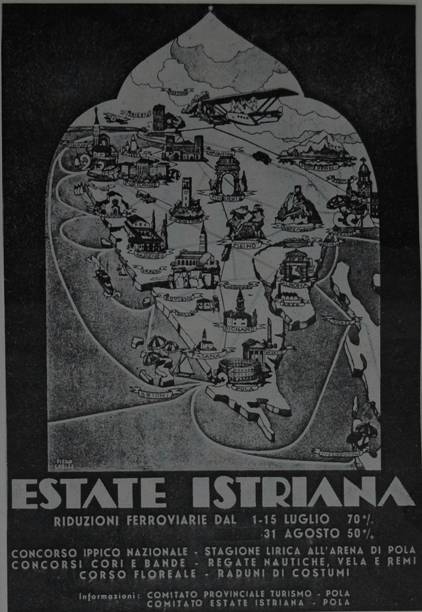 La locandina di propaganda per le manifestazione dell'estate del 1934 a Pola, promosse dal Comitato provinciale del turismo e dall'apposito Comitato Estate Istriana a Pola - foto